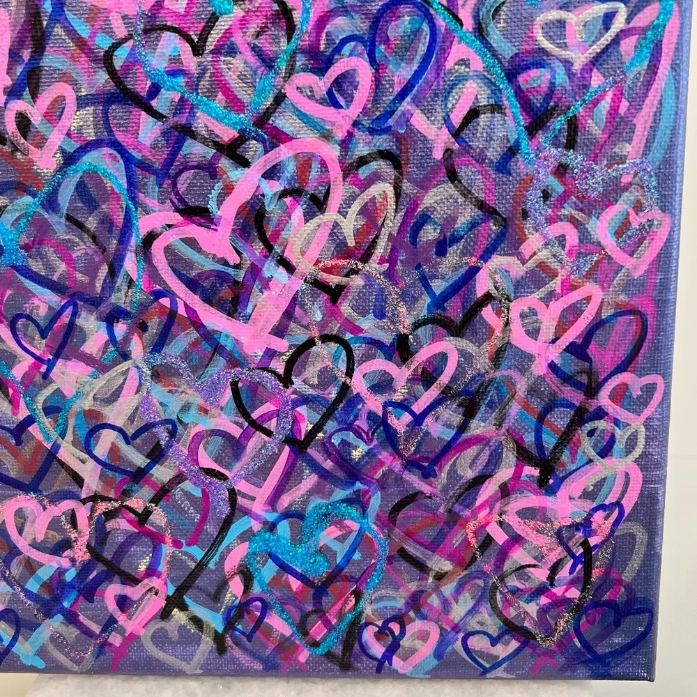 HANDCRAFTED MIXED MEDIA COLORFUL GRAFFITI HEARTS - SHADES OF PURPLE, BLUE & PINK